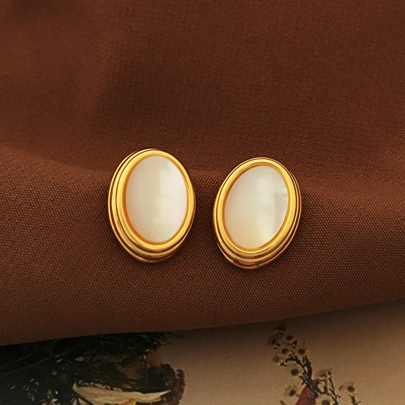 [DF] Pendientes de botón ovalados simples vintage con aguja de plata S925 de oro real bañados en cobre, pendientes de concha de nicho de moda con temperamento para mujer