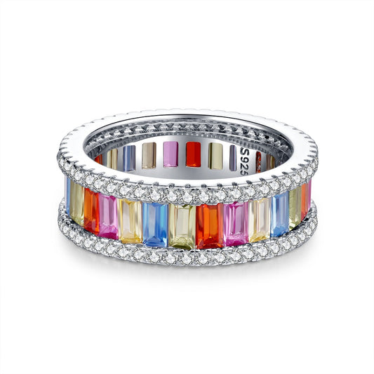 S925 Sterling Silver Rainbow Ring Women's Color Zircon Silver Ring