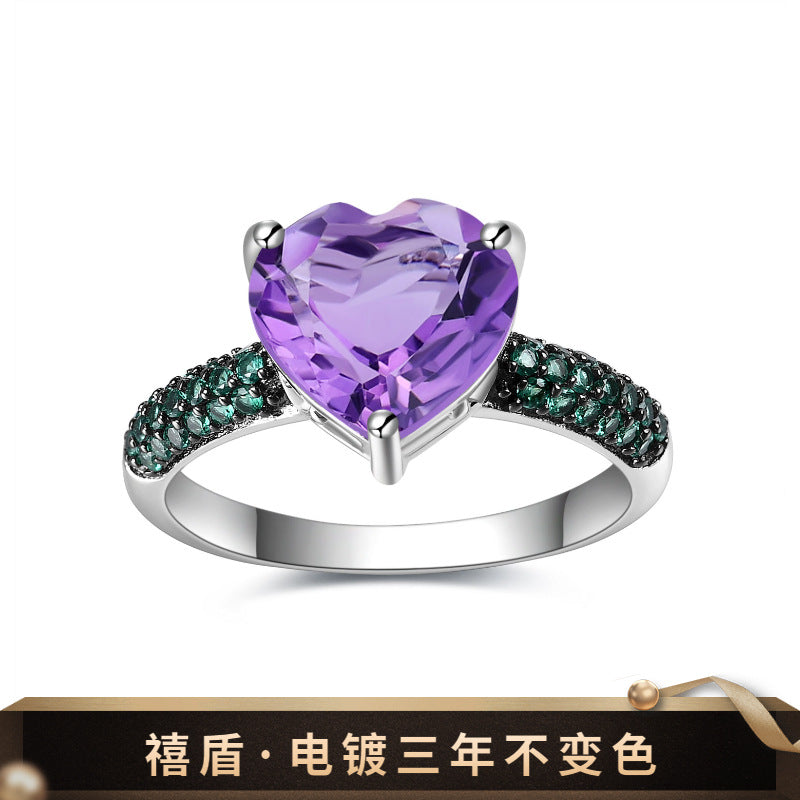 Love shaped gemstone ring s925 sterling silver inlaid with natural gemstone amethyst ring