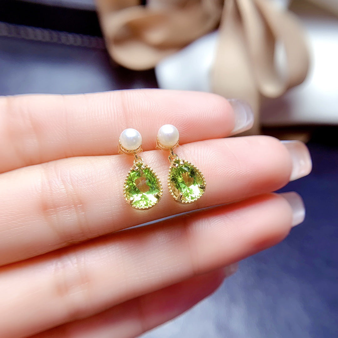 Juego de peridoto natural con incrustaciones de plata S925, piedra central de 6 x 8