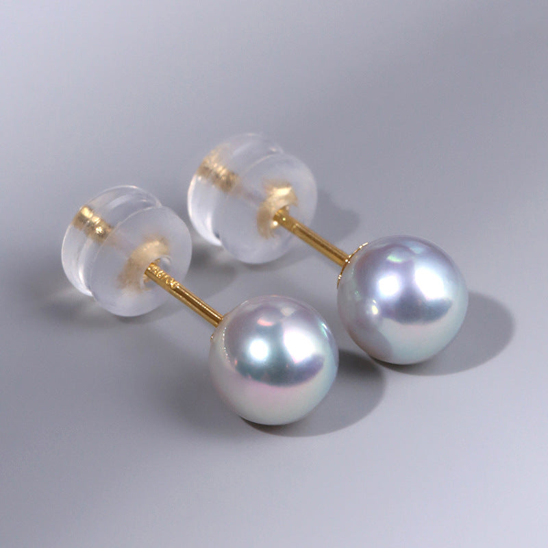 [DF]Elegant Blue Gray Akoya Pearl Stud Earrings in 18K Gold