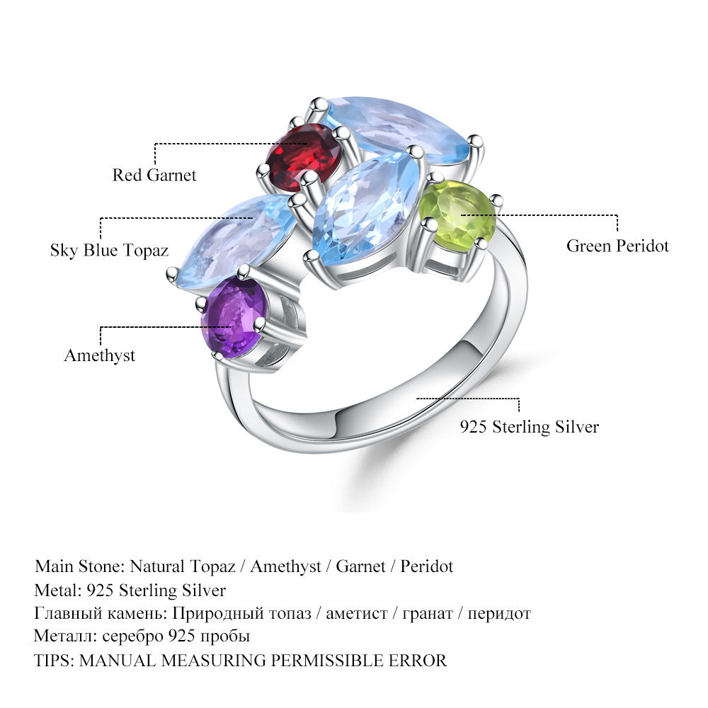 Anillo de piedras preciosas de colores engastado con piedra natural, anillo de cristal de plata s925 para mujer