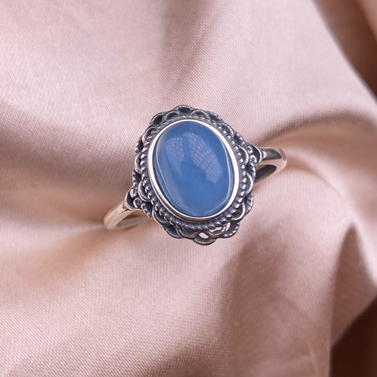 Aquamarine ring S925 silver inlay vintage distressed delicate lace hand ornament