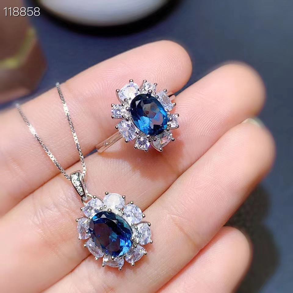 Blue corundum set 925 silver set with colored jewelry ring pendant set of two