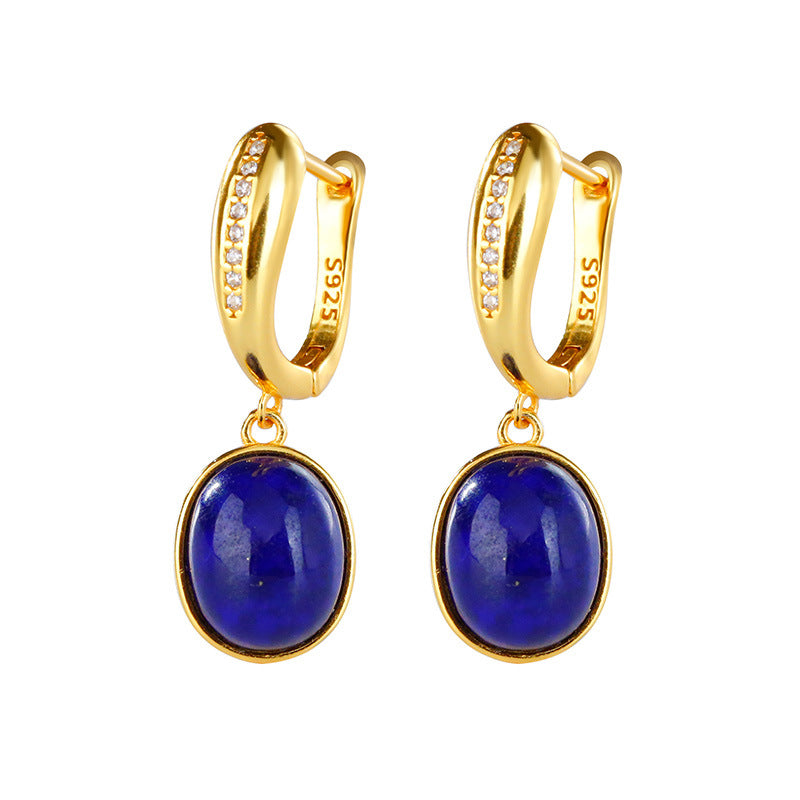 S925 silver plated gold inlaid lapis lazuli egg faced earrings