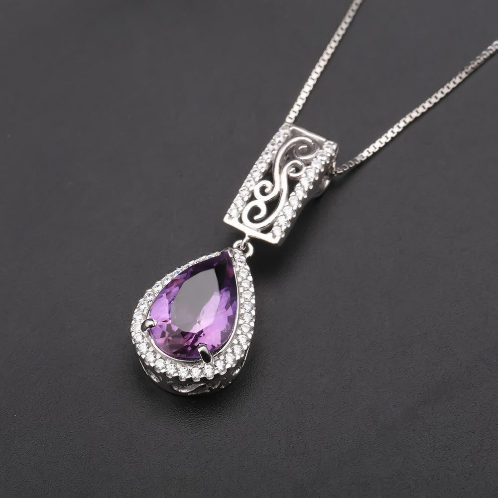 Natural Amethyst S925 Silver Necklace Pendant Luxuriously Inlaid with Natural Colorful Treasure Pendant