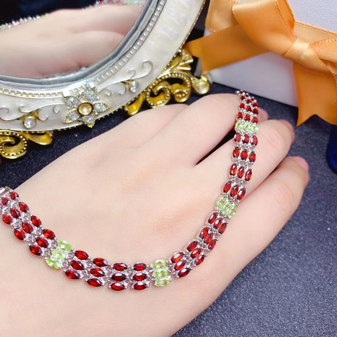 Natural Mozambique garnet peridot bracelet 925 silver inlaid