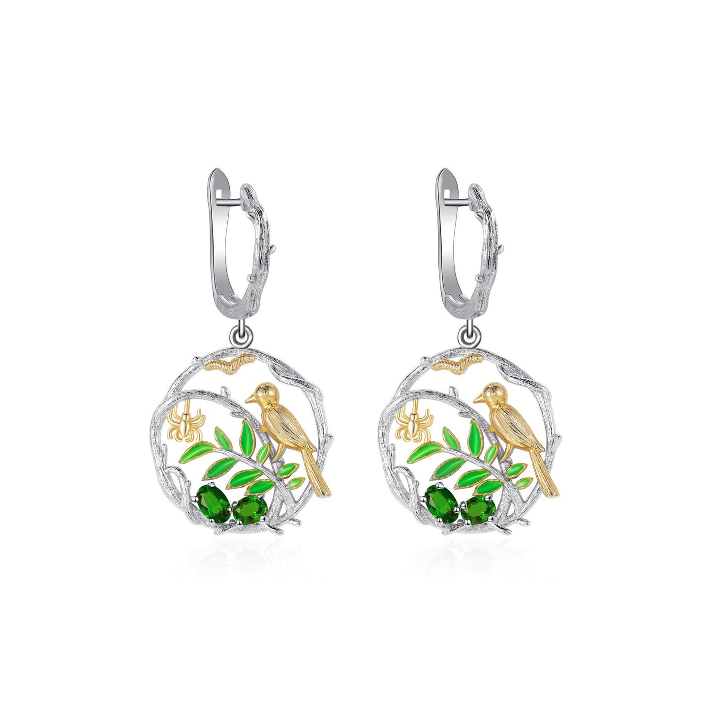 Bird earrings S925 sterling silver natural colored gems earrings