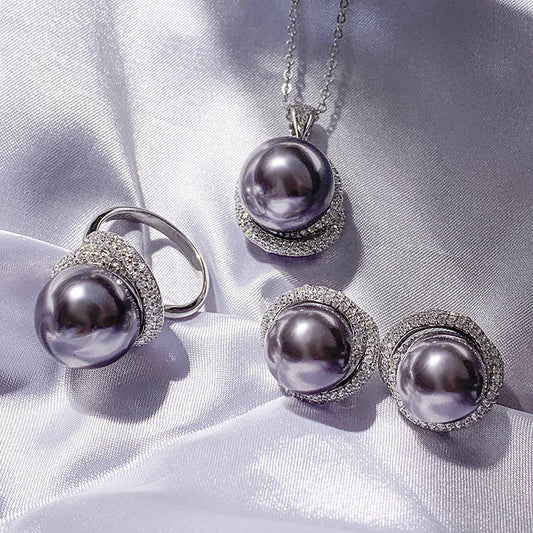 S925 silver inlaid Fritillaria Fritillaria Pearl women&#039;s grey beads Joker pendant set 14mm12mm