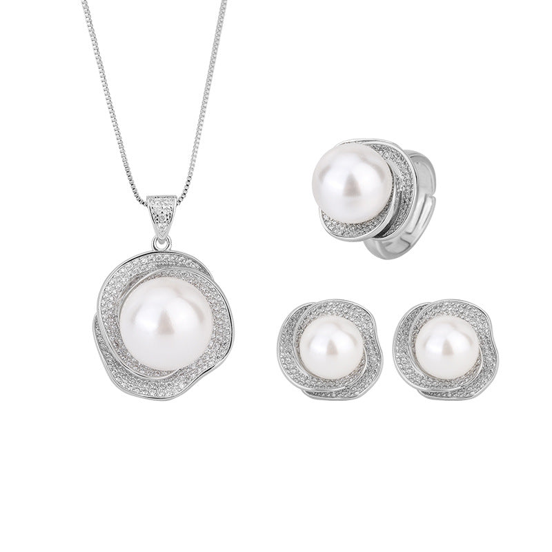 Ensemble de diamants géométriques roses en perles de coquille blanche, avec bague d'emballage indépendante, pendentif et ensemble de clous d'oreilles