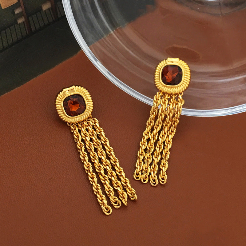 [DF] Pendientes largos con borlas vintage de lujo ligeros con aguja de plata S925 bañados en oro real y cobre, pendientes de estilo vintage con personalidad de nicho para mujer