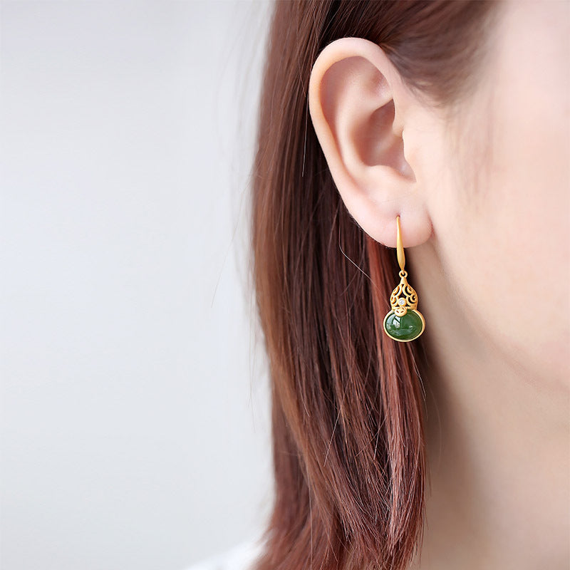 S925 Silver Plated Gold Inlaid Jade Earrings, Versatile and Versatile Female Earrings