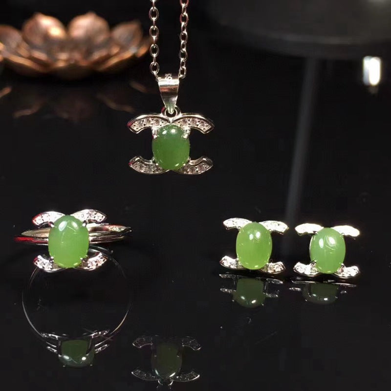 New natural Green Jade set s925 silver