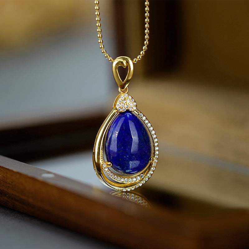 Pendentif goutte d'eau en argent plaqué or S925, lapis lazuli