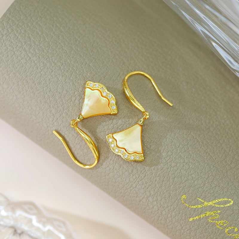 S925 Silver Plated Gold Inlaid Gold Shell Powder Bell Ear Hook Earrings Exquisite Fan Shaped