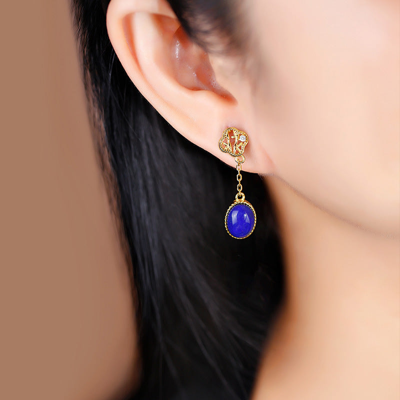 S925 Silver Inlaid Lapis lazuli Egg Face Elegant Long Earline