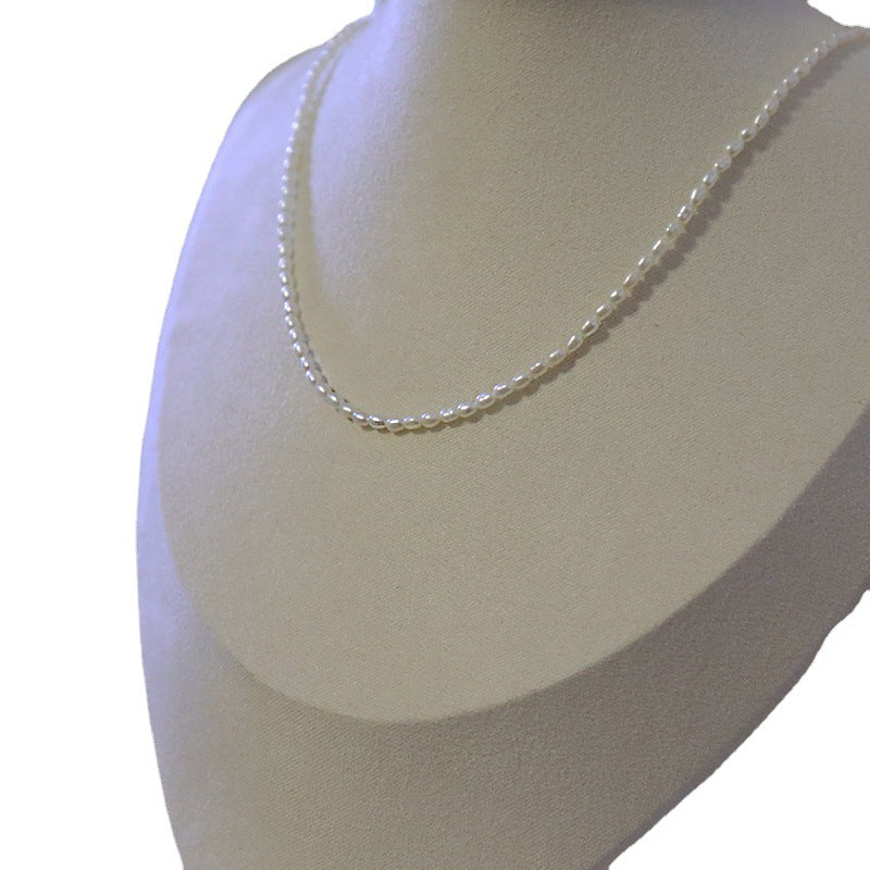 [DF]Natural Freshwater High-Luster Rice Pearl Necklace - Elegant Locking Collar Chain with 18k Gold Accent