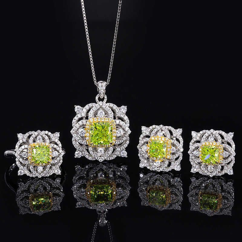 S925 Silver High Carbon Diamond Olive Green Princess Style Light Luxury Set 8 * 8-6 * 6