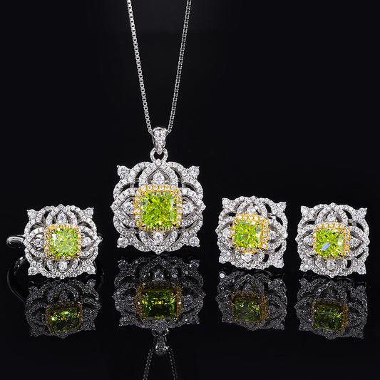 Conjunto de lujo ligero estilo princesa verde oliva con diamantes de alto carbono en plata S925 de 8 x 8 a 6 x 6