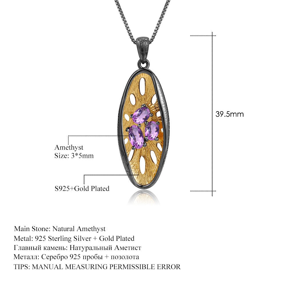 Pendentif en pierre précieuse de créateur rétro de haute qualité en argent 925 avec pendentif en améthyste naturelle