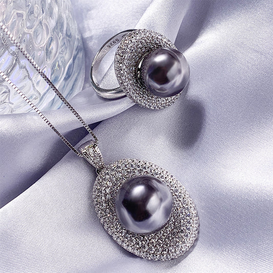 S925 Silver Inlaid Shellfish Pearls Vintage Grey Beads Jewelry Set 14mm12mm