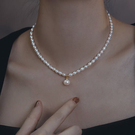 [DF]Collier élégant de perles de riz avec pendentif à une seule perle – Perles d'eau douce de 4 à 5 mm 