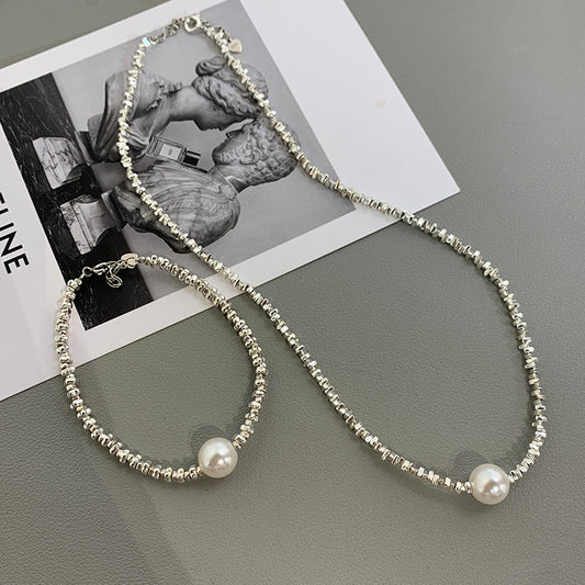 [DF]Elegant Shards: Sterling Silver Pearl Necklace - 10-12mm Radiant Round Luminescence Collar