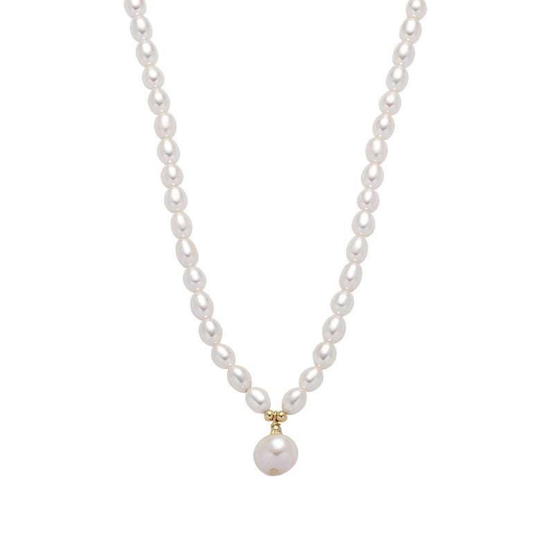 [DF]Elegant Rice Pearl Necklace with Single Pearl Pendant – 4-5mm Freshwater Pearls