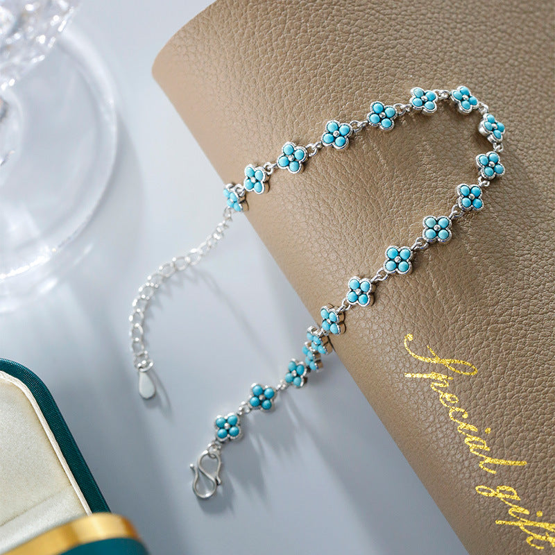 S925 Silver Set Turquoise Clover Bracelet Fashionable and Versatile Exquisite Bracelet