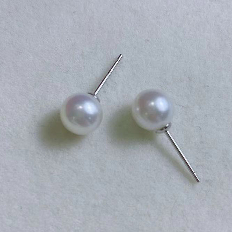 [DF]Radiant Glow: Sterling Silver Akoya Pearl Stud Earrings - 6-8mm Round Luminescent Pearls