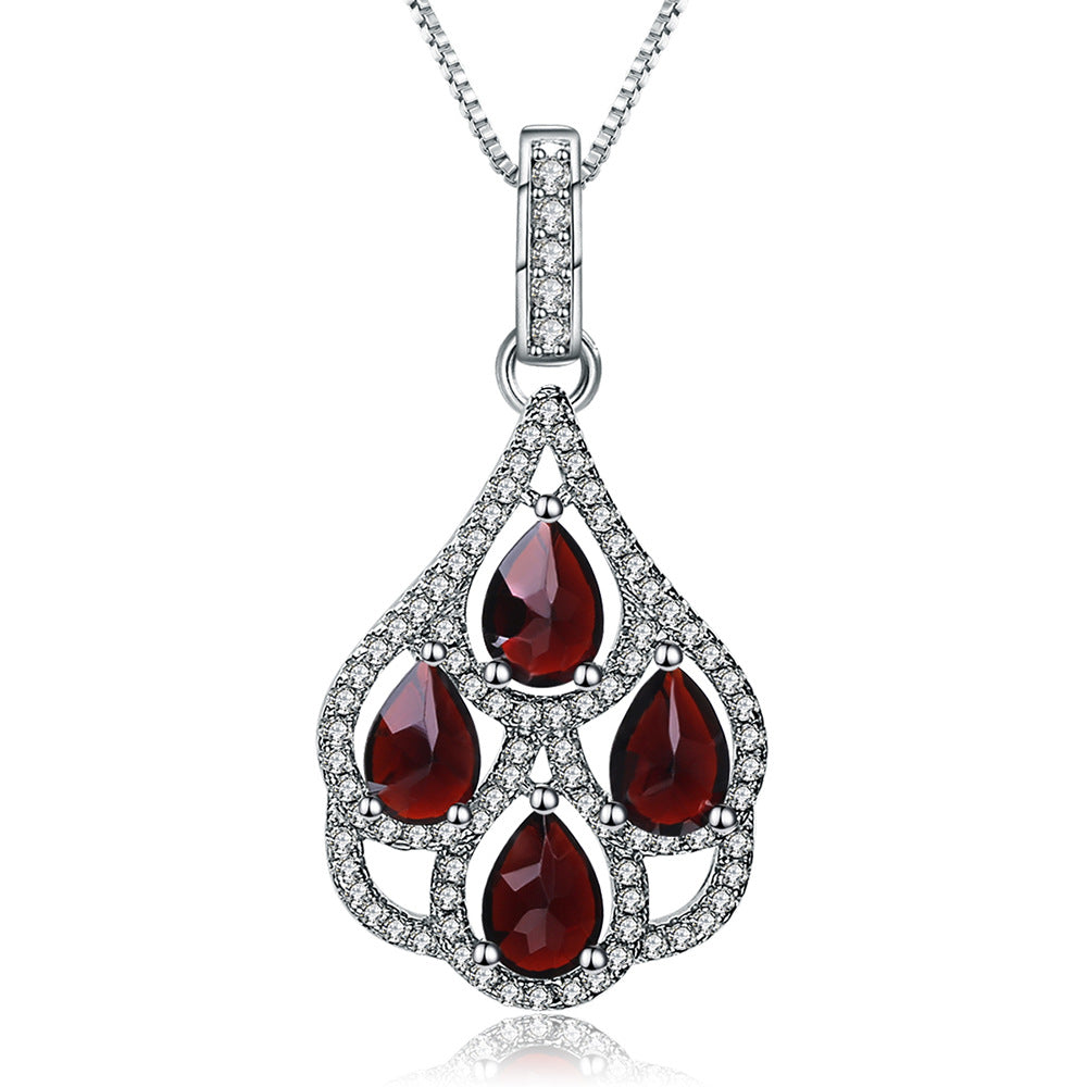 Natural Garnet Necklace S925 Silver Inlay Gemstone Natural Colored Stone Necklace Pendant