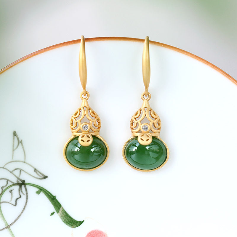 S925 Silver Plated Gold Inlaid Jade Earrings, Versatile and Versatile Female Earrings