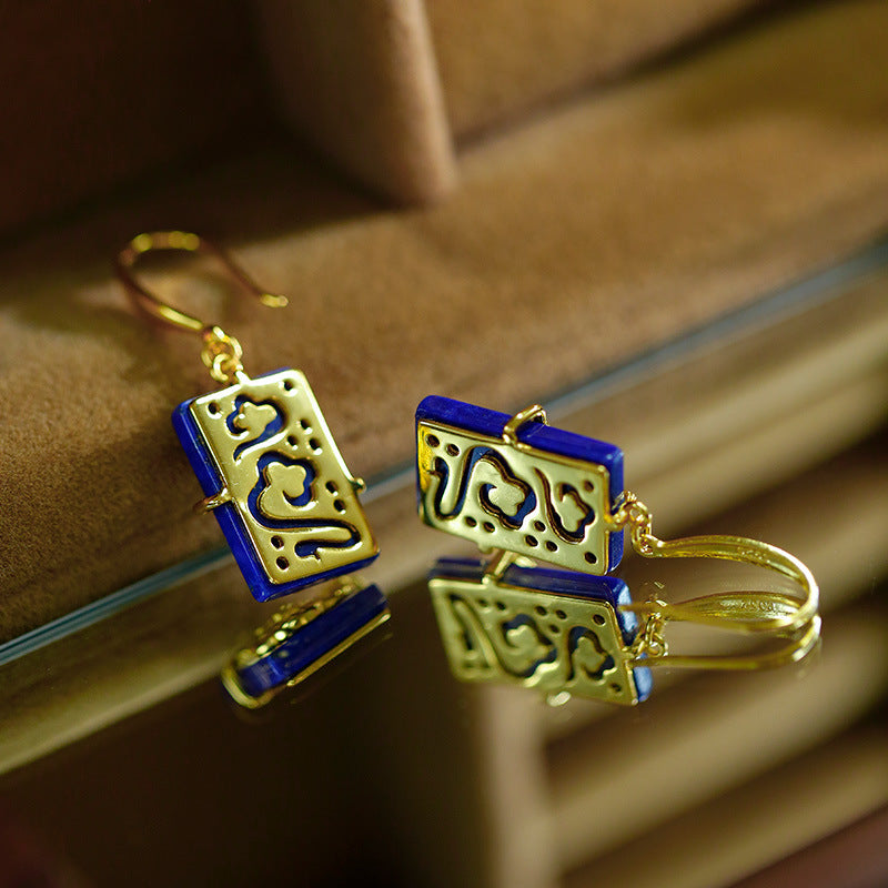 Boucles d'oreilles lapis-lazuli incrustées en argent sterling S925, avec tempérament, à la mode