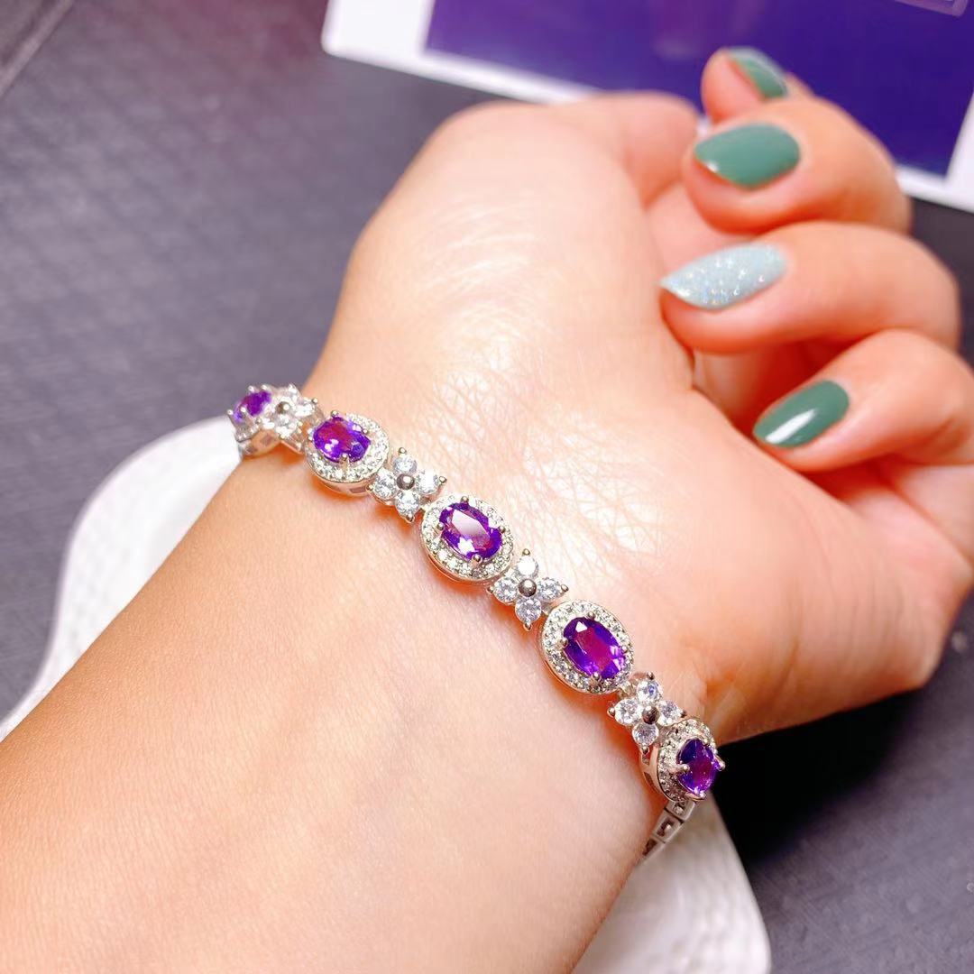 Corps de bracelet en améthyste naturelle, trésor de couleur incrusté d'argent 925