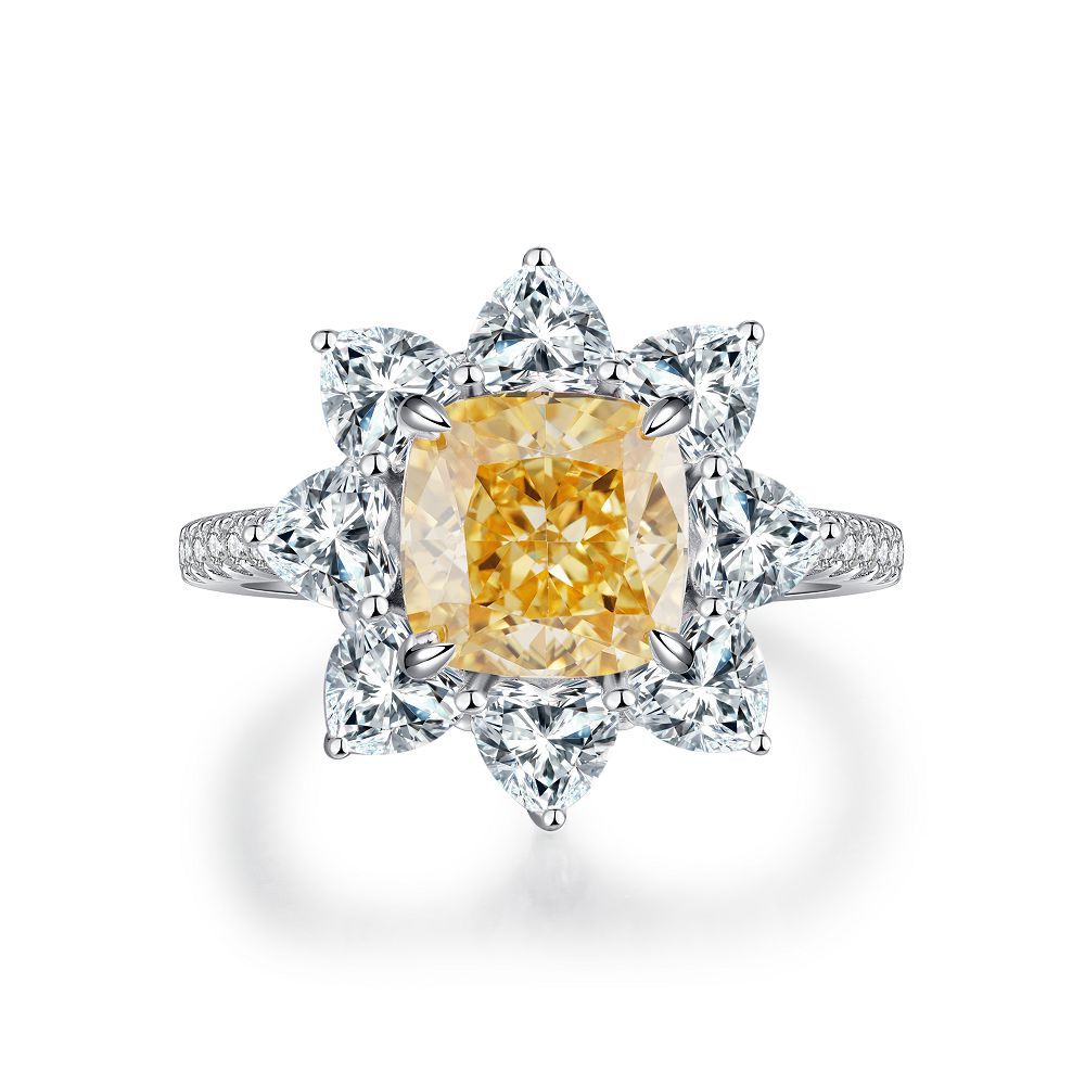 S925 Pure Silver Yellow Diamond Ring Women's Ice Flower 8A Zircon Ring Wedding Ring