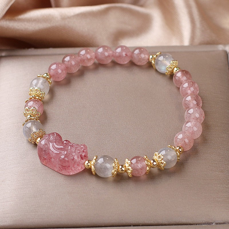 Natural Strawberry Crystal Pixiu Bracelet Female Ins niche design