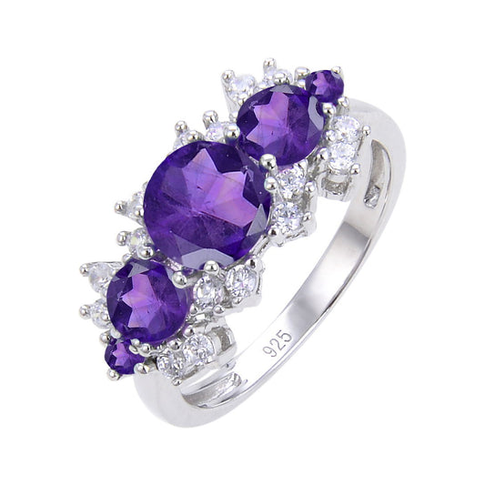 Natural stone ring female retro s925 silver inlaid gem ring