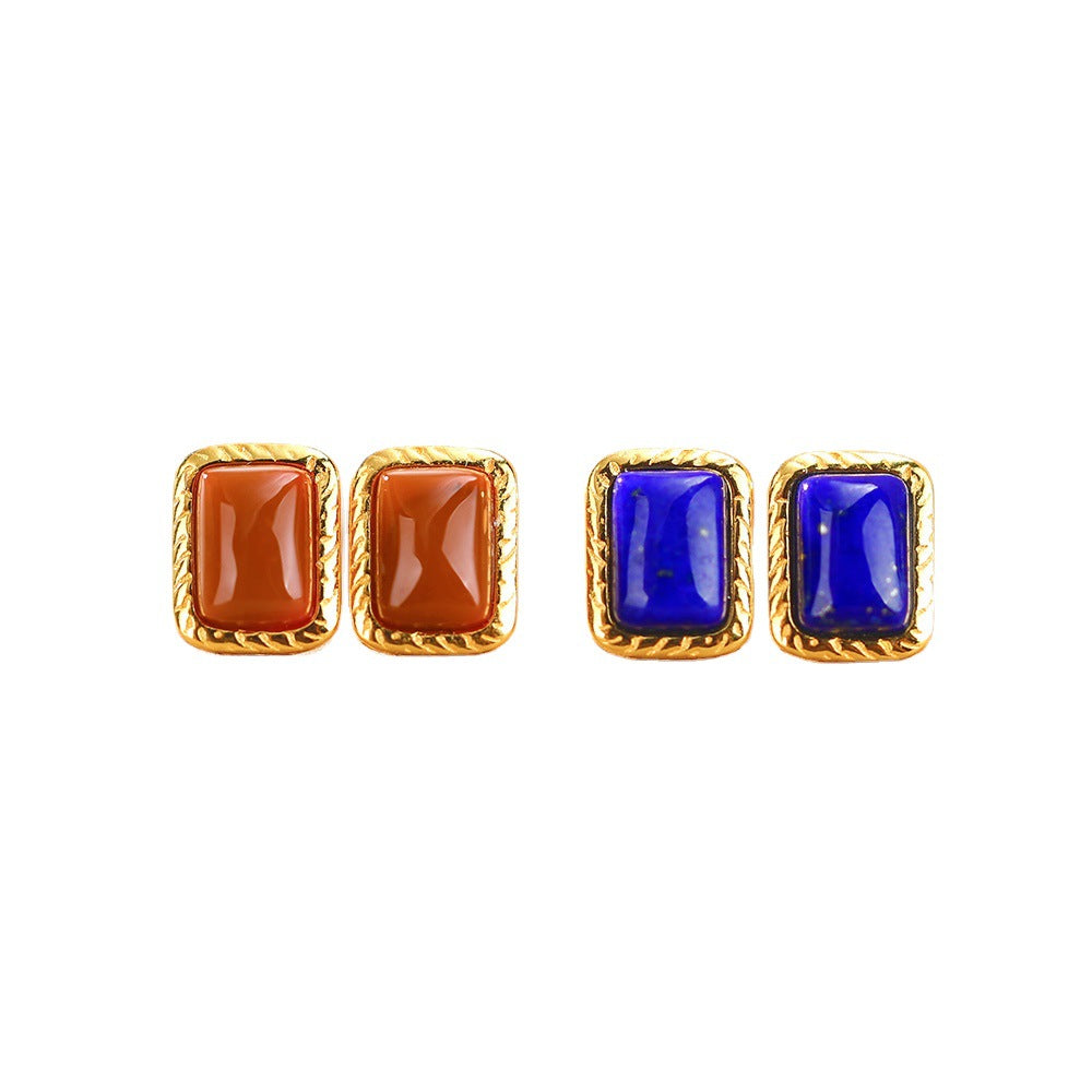 S925 silver-plated inlaid lapis lazuli south red agate square niche simple sterling silver female earrings