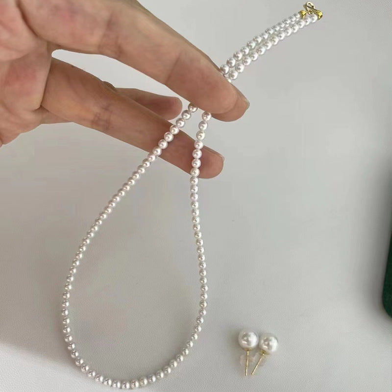 [DF]Elegant Luminescence: Round Freshwater Akoya Pearl Necklace - 18k Collarbone Sweater Chain