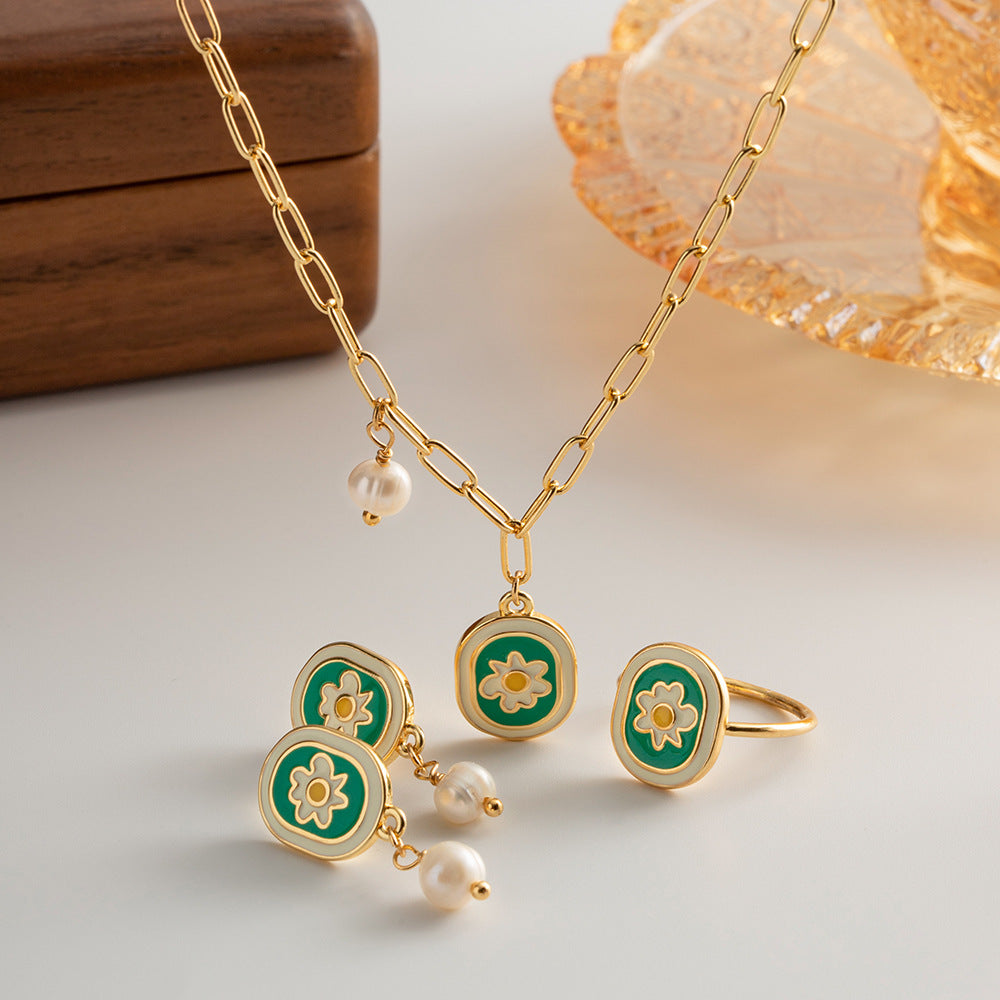 [DF]Vintage Enamel Daisy and Pearl Jewelry Set - Copper with 18K Gold Plating