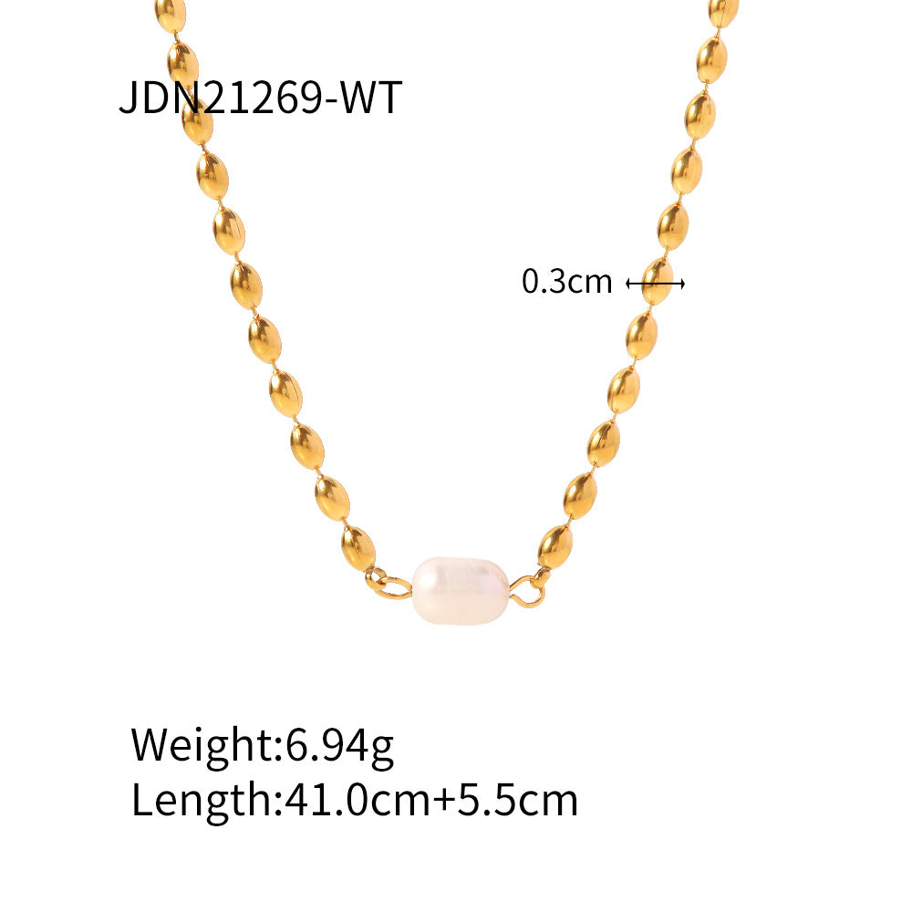 Ins online celebrity niche design fashion does not fade natural freshwater pearls oval gold peas titanium bracelet/necklace