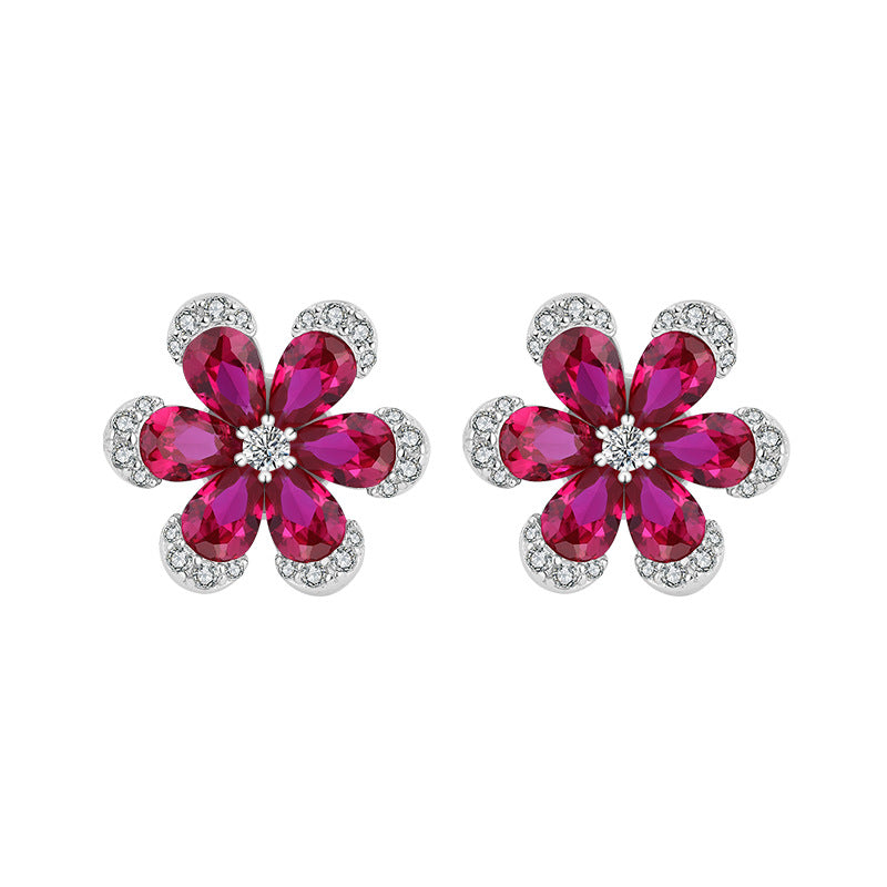 S925 Full body Silver Simulated Red Corundum Flower Set Jewelry