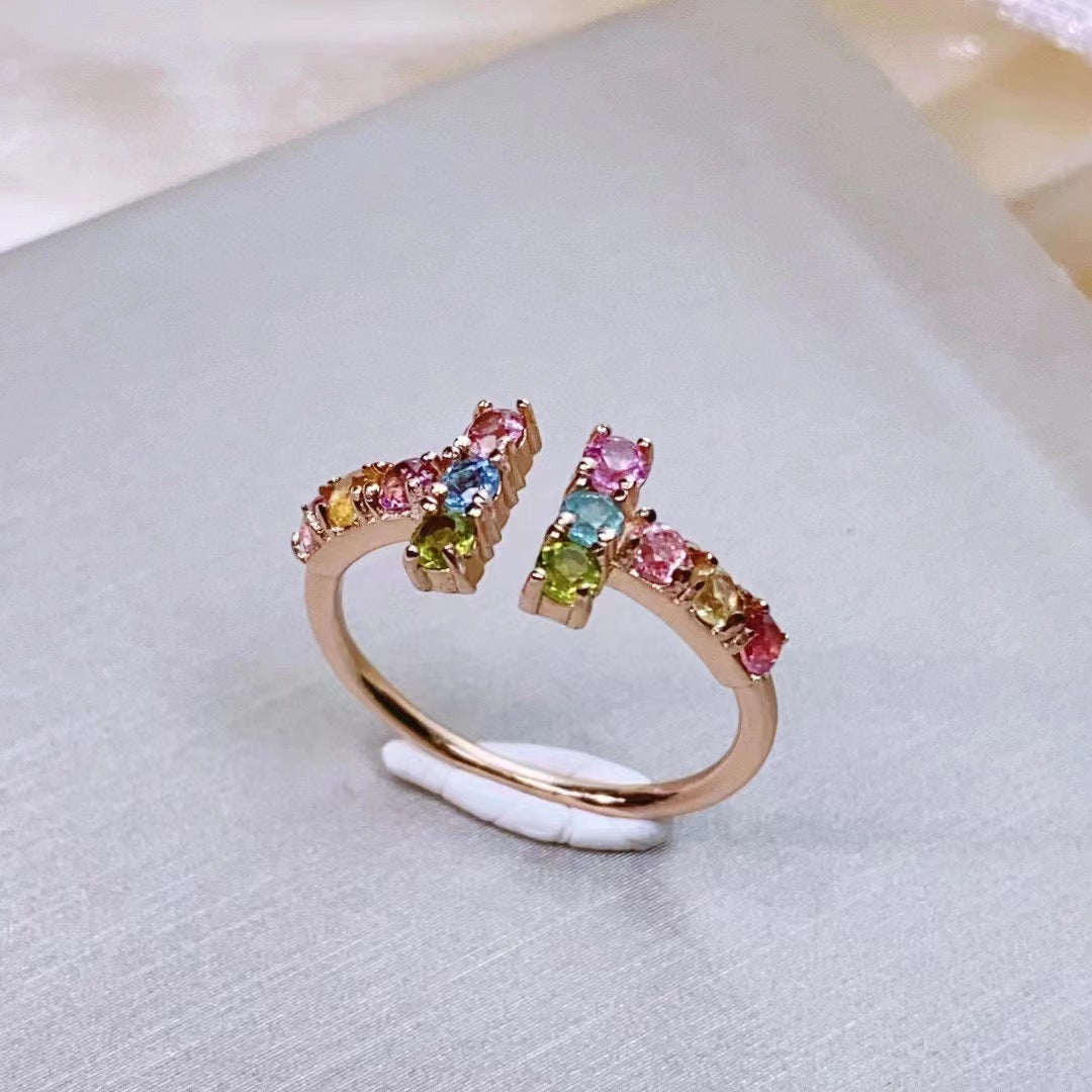 Rainbow Tourmaline H-shaped Ring S925 Silver inlaid Candy-colored Tourmaline light luxury