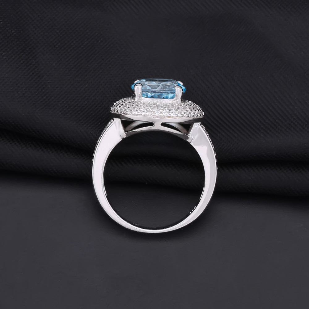 S925 silver inlaid natural topaz ring set with broken diamonds natural gem ring.