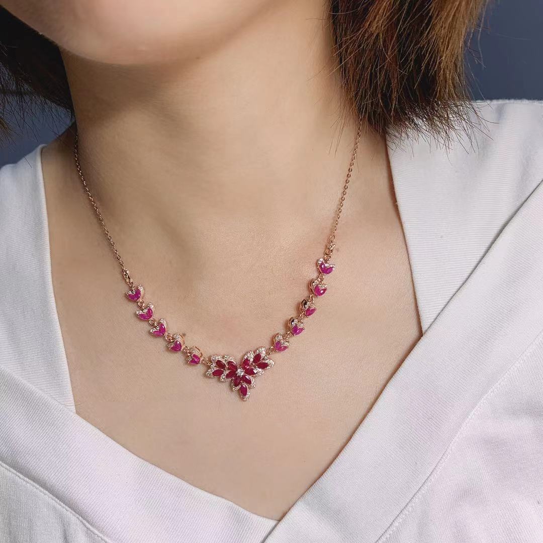 [DF]Vintage Natural Ruby Necklace with 925 Silver Setting - European and American Style