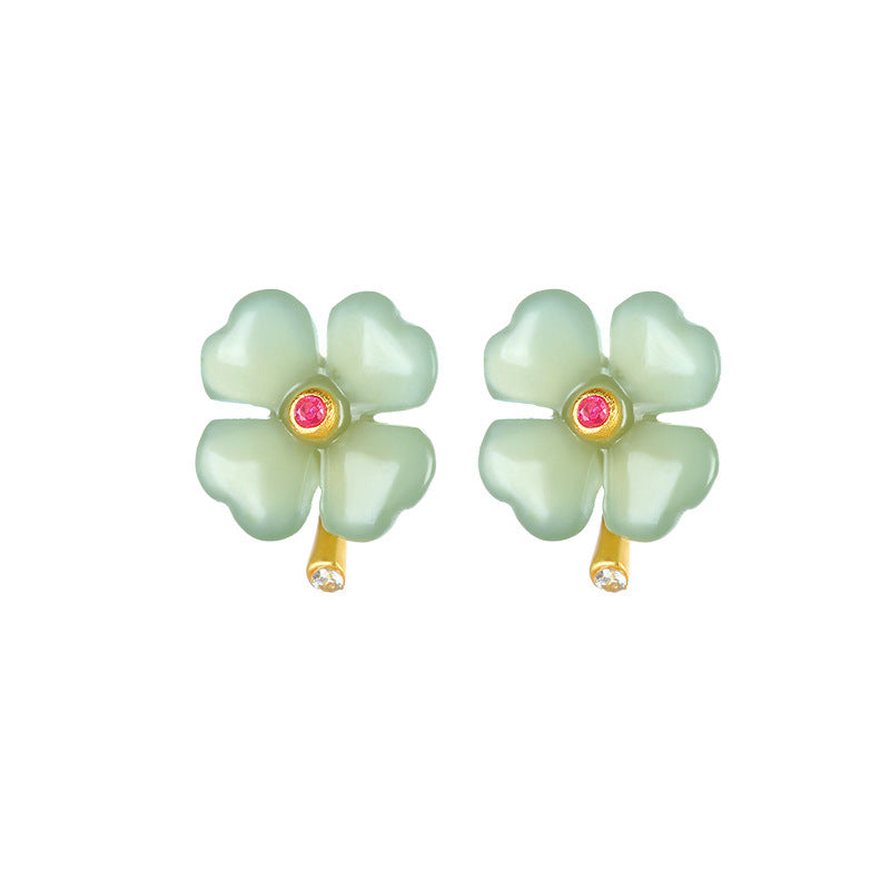 S925 silver inlaid Hotan Jade sapphire earrings four leaf grass color zircon embellishment earrings