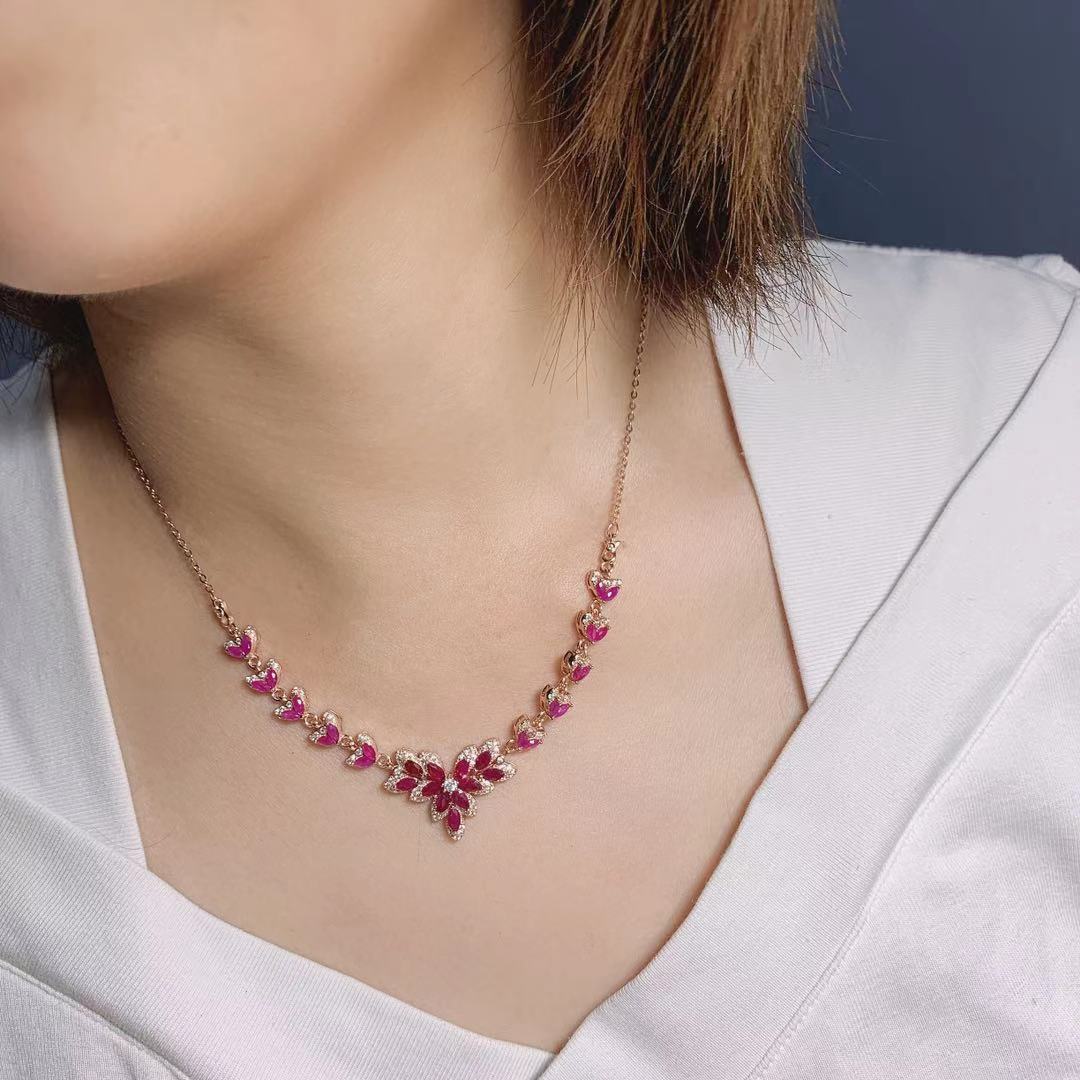 [DF]Vintage Natural Ruby Necklace with 925 Silver Setting - European and American Style