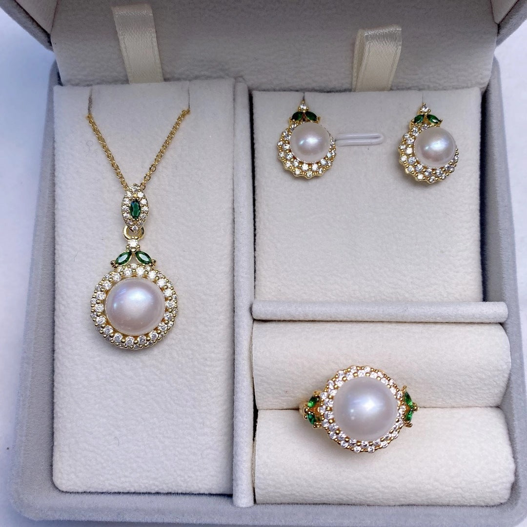 Freshwater pearl set Pendant necklace ring earrings Pearl three-piece set