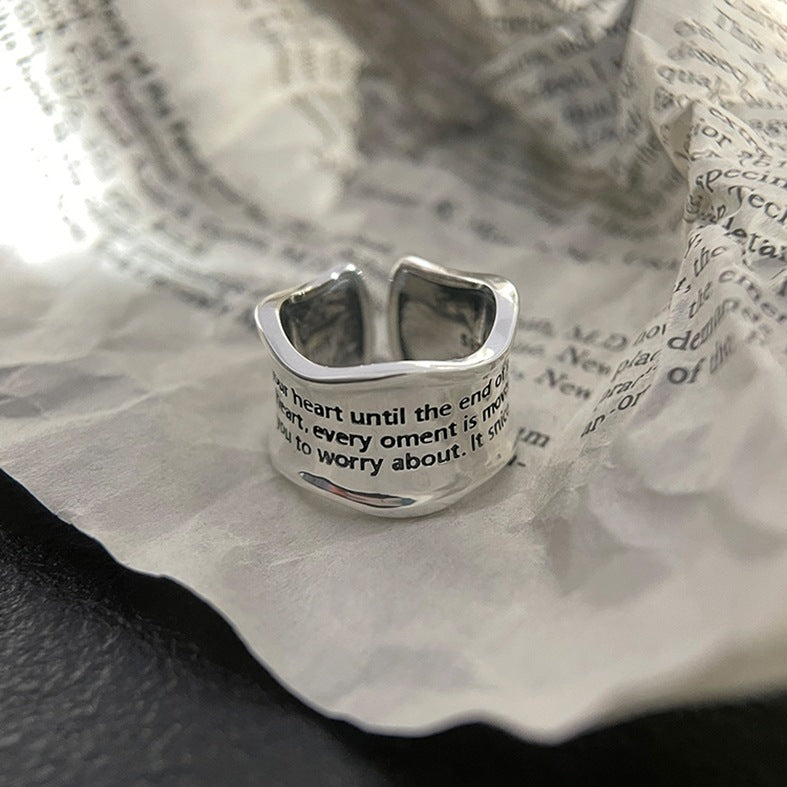 [DF] Bague à motif de vague de lettres lourdes vintage en argent pur S925 de style coréen - Bague ouverte avec une esthétique chic, bague d'index de déclaration avec vent de port