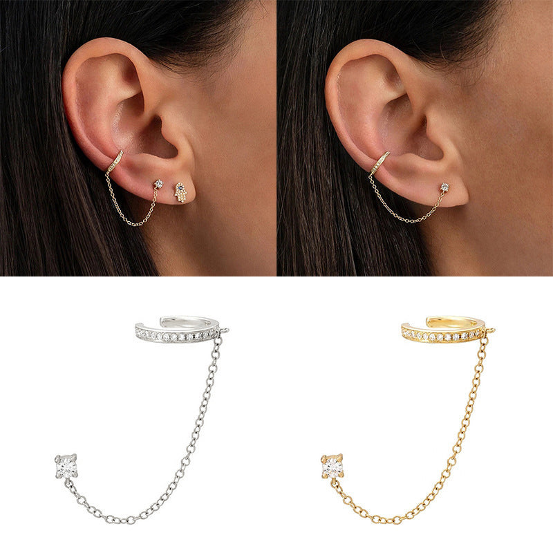 S925 sterling silver single row diamond inlaid perforated ear clip ear buckle